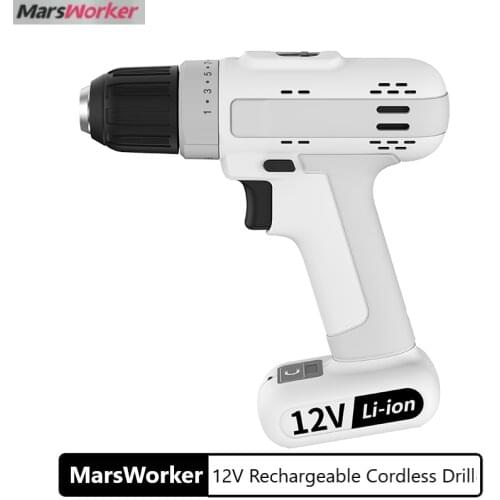 MarsWorker 12V Household Rechargeable Cordless Drill Electric Screwdriver Lithium-Ion Battery Power Driver Variable Speed