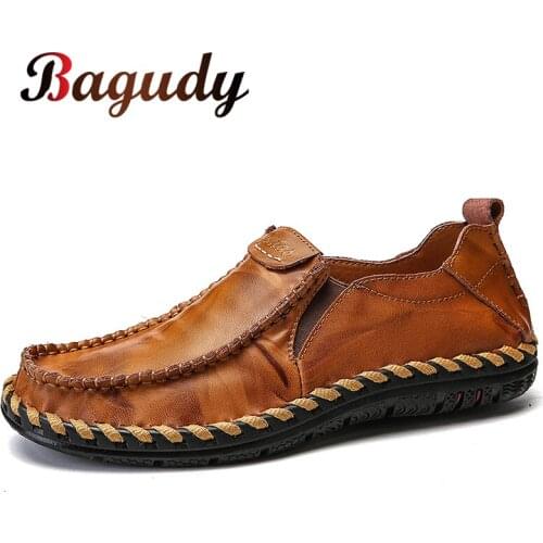 Mens Casual Leather Shoes High Quality Handmade Slip on Flat Casual Shoes Fashion Moccasins Leather Men Loafers Size 38-44