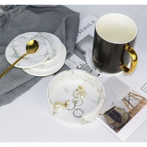 6 in 1 set PU Leather Marble Coaster Drink Coffee Cup Mat Tea Pad Dining Table Heat Insulation Placemats Chic Desktop Decoration