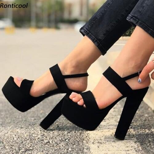 Ronticool 2021 New Stylish Women Platform Sandals Unisex Faux Suede Chunky Heels Open Toe Elegant Black Dress Shoes US Size 5-20