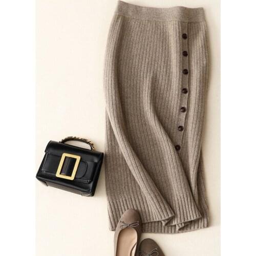 New buttons designs womens casual winter high quality 100% cashmere skirt