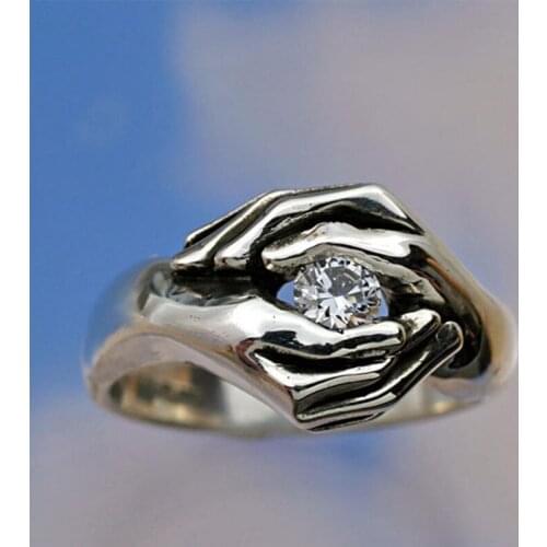 Vintage Silver Color Hand Holding Hope Couple Rings Creative With Zirconia Rings For Women Men Party Jewelry Accessories Gift