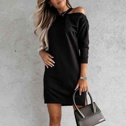 Simple Office Lady Solid T-shirt Dress Spring Autumn Long Sleeve Halter Party Mini Dress Women Sexy Off Shoulder Pullover Dress