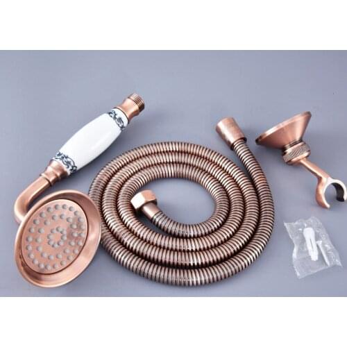Antique Red Copper Brass Hand Held Shower Head Wall Holder Bracket 1.5M Hose Set Water Saving Bathroom Handheld Sprayer ahh125