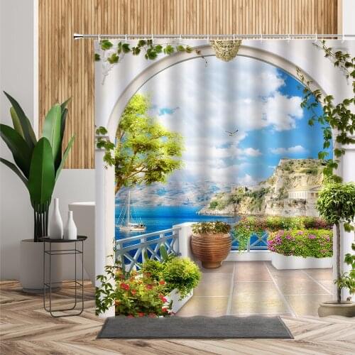 Flowers Plant Scenery Shower Curtain Arched Door Pastoral Theme Bathroom Curtains Set Waterproof Bathtub Screen Machine Washable