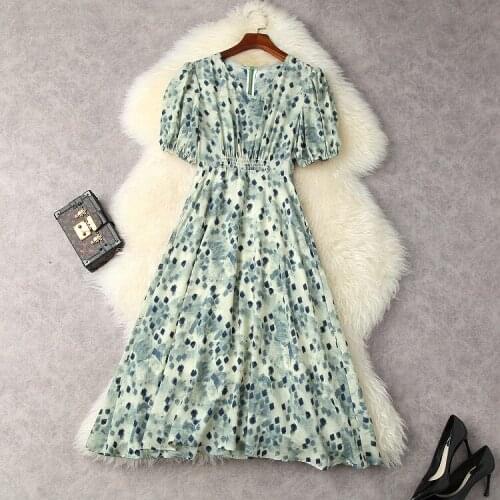 European and American womens wear for summer 2021 Short sleeve V-neck with puffed sleeves Fashion print pleated dress