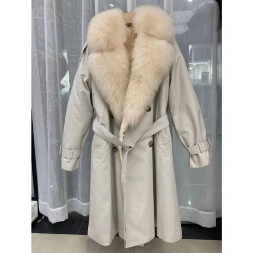 Winter Women Coat 2021 New Fashion Long Style Thick Warm Natural Real Fur Jacket Genuine Fox Fur Collar Parka With Blet Fn0098