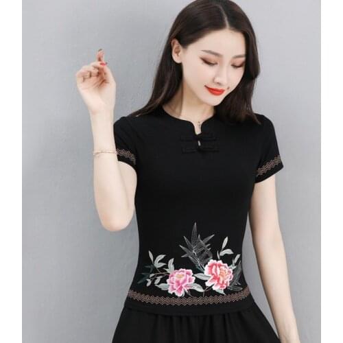 Ladies Chinese Tops Women 2021 Summer Cotton Blouses Short Sleeves Embroidery Vintage T Shirt Chinese Style Clothing Women 10549