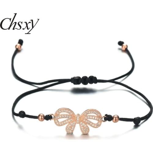 CHSXY Romantic Rose Gold Cubic Zirconia Bow Thread Bracelets for Women Friendship Gift Handmade Bracelets & Bangles Wish Jewelry