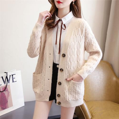 Autumn and winter fashion sweater women 2021 new solid color outer Korean version of loose long-sleeved v-neck knitted cardigan