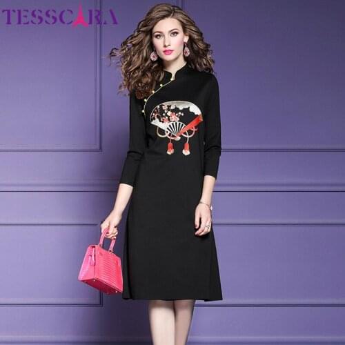 TESSCARA Women Autumn Elegant Embroidery Dress Female Office Vestidos Designer Vintage Chinese Style Party Robe Femme Plus Size