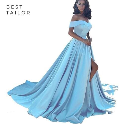 Sexy Blue Prom Dresses Satin Formal Party Gowns Split Traditional Off The Shoulder A-Line Vestidos De Fiesta Robe Soiree Custom