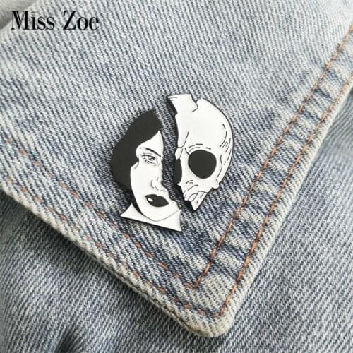 2pcs/set Dead Lovers Woman Skeleton Face Enamel Pins Custom Skull Brooches Bag Clothes Lapel Pin Badge Punk Cool Jewelry Gift