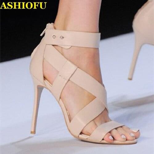 ASHIOFU Handmade New Ladies High Heel Sandals Cross-straps Party Prom Summer Shoes Large Size Evening Fashion Sandals Shoes