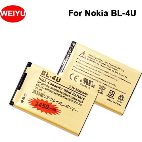 BL-4U Gold Battery For Nokia 5330XM 5530XM 5730XM 5250 6212C 6600S 6600is E66 E75 C5-03 C5-05 530 5730 3120C Bateria 2450mAh