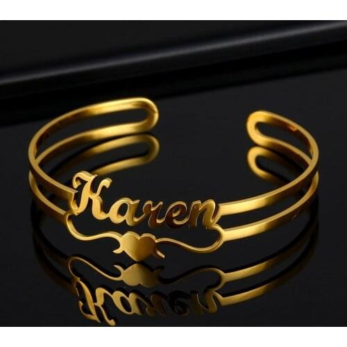Stainless Steel Custom Name Heart Bangles for Women Men Customized Personalized Fashion Adjustable Cuff Bangle Nameplate Jewelry