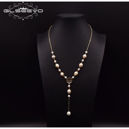 GLSEEVO Natural Freshwater Pearl Chain Necklace For Woman Wedding Handmade Pearl Pendant Long Chain Fashion Jewelry GN0260