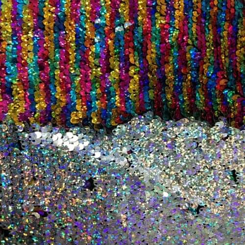 65x45cm Glitter Bling Bling Rainbow Color Sequin Double-face Reversible Sequin Fabric Satin Back For DIY Sewing Home Decoration