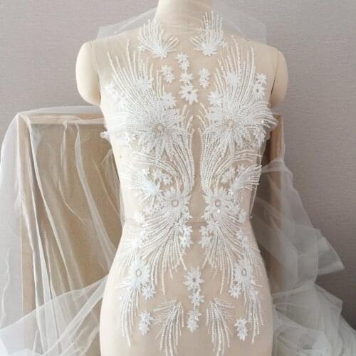 Large Ivory 3D Tiny Pearl Beaded Lace Applique Bridal Wedding Gown Bodice Accessories Patch Motif