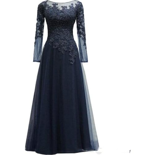 2022 Dark Navy Mother Of The Bride Dresses With Long Sleeves A-line Tulle Appliqued Lace Real Photo Sheer Wedding Party Gowns F