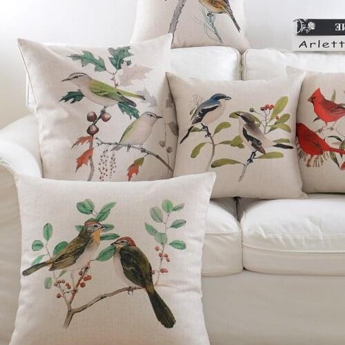 Linen Pillow Cover Cushion Cover Vintage Country Style Blue Birds Plant Home Decorative Pillow Case 45x45cm/30x50cm