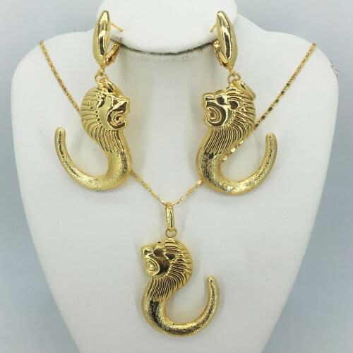 Fashion Lion head two design earrings/pendant/necklace 24K gold jewelry set for womens gold gift
