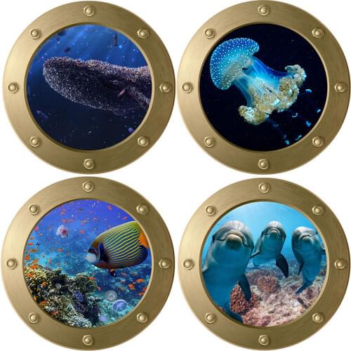 Smiling Big Whale Submarine Portholes Window Wall Stickers Washing Machine Kidroom Decoration Diy Art Wall Decals PVC Mural