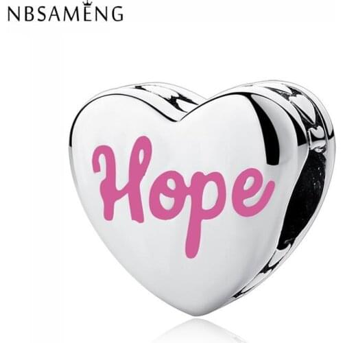 Real 100% 925 Sterling Silver Beads Hope Ribbon Charms Fight Cancer Heart Charms Fit Original Bracelets Women Jewelry