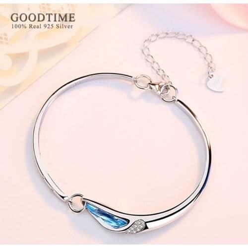 Luxury Shine Bracelet Pure 100% 925 Sterling Silver Blue Crystal Bracelets Jewelry Charm Wedding Gift For Women Girl Party
