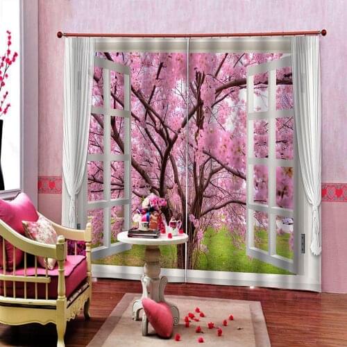 Pink Flower Curtains Outside The Window Home Fashion For Living room Bedroom Blackout Curtain Decor Set (left and right side)