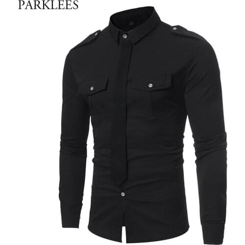 Double Pocket Military Style Black Shirt Men 2018 Casual Contrast Color Fake Tie Social Shirt Male Slim Fit Long Sleeve Chemise