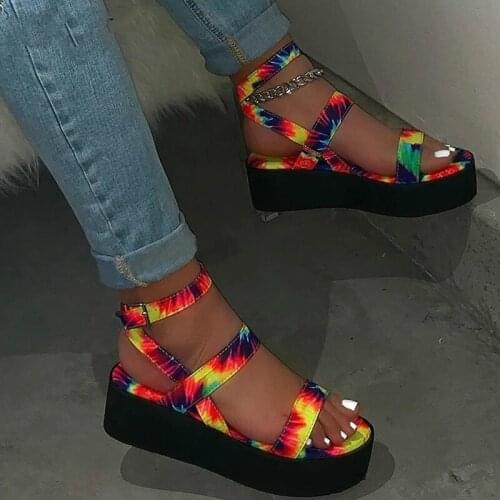 Womens Sandals Colorful Flat Platform Summer Print Ladies Ankle Buckle Strap Sandalias Mujer Shoes Female Casual Woman