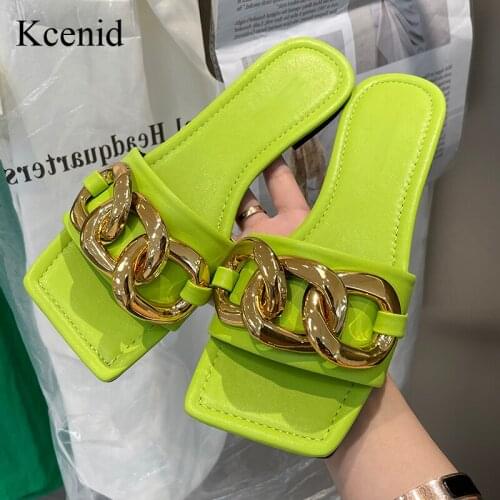 Kcenid New Fashion Slippers Big Chain Buckle Summer Beach Slides Ladies Casual Outdoor Slides Open Toe Flip Flops Candy Colors