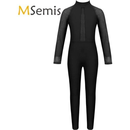 Kids Girls Gymnastics Ballet Leotard Costume Mesh Long Sleeves Mock Neck Zippered Ballet Dance Jumpsuit Unitard Dancewear