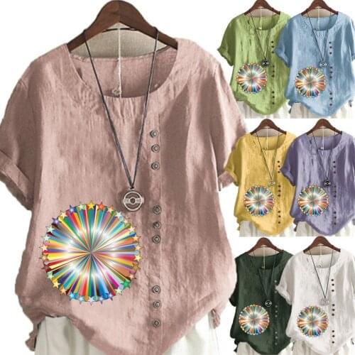 New Arrival Womens Casual Printed Linen Shirt Ladies Tops Round Neck Short Sleeved Plus Size T-Shirt Loose Graphic Blouse S-5XL