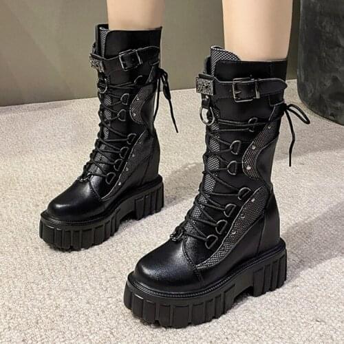 Fashion Gothic Punk Platform Boots Women Shoes 2021 New Buckle Lace-Up Zipper Creeper Wedges Shoes Mid Calf Combat Womens Boots