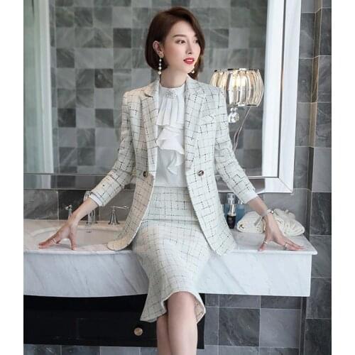 Skirt Suit Women Elegant Plaid Blazer Jacket Coat Office Ladies Work Formal Business Wear Two Piece Set Winter Clothes Plus Size