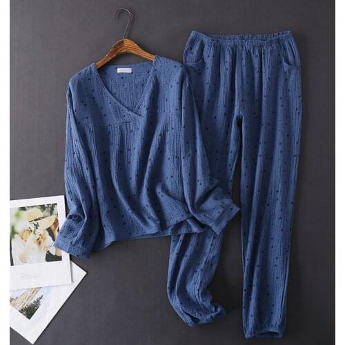 Japanese style spring and autumn womens 100% cotton crepe long-sleeved trousers pajamas comfortable home wear pajama set women