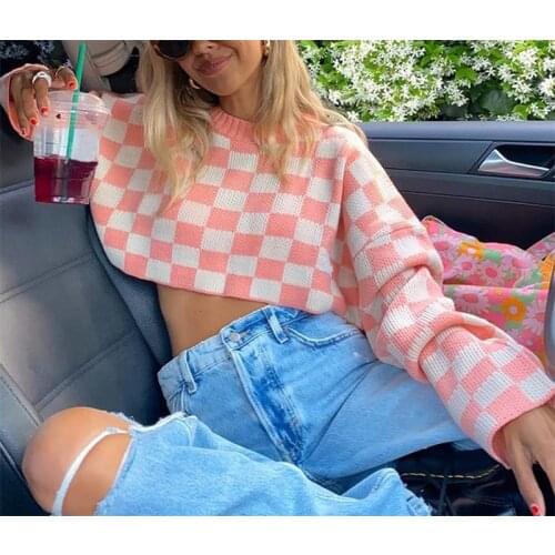 Thorn Tree 2021 Women Casual Long Sleeve Sweaters 2021 Y2K Fashion Contrast Color Plaid Knitted Crop Tops Sweaters Spring Autumn