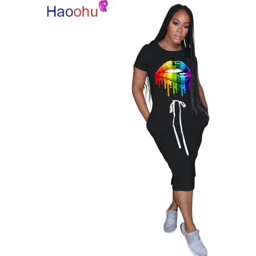 Mouth Lip Letter Print Sexy Plus Size Dress Women Crew Neck Short Sleeve T Shirt Dress Summer Drawstring Pockets Mid Calf Dress