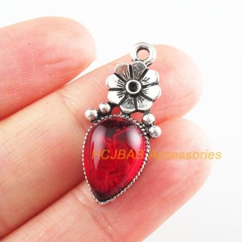 10Pcs Tibetan Silver Tone Teardrop Red Glaze Charms Flower Pendants 13x29mm