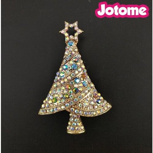 100pcs/lot Wholesale Christmas Xmas Holiday Tree Rhinestone Crystal AB Brooches For Women Pin Brooch