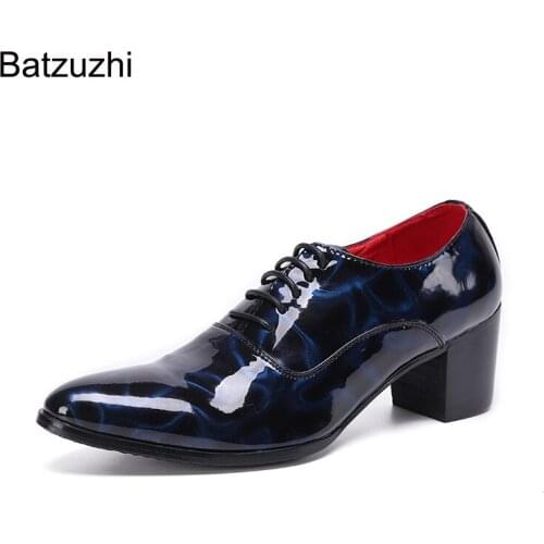 Batzuzhi Japanese Type Men Shoes Pointed Toe Blue/Red Leather Dress Shes Men Lace-up Formal Business, Party and Wedding Footwear