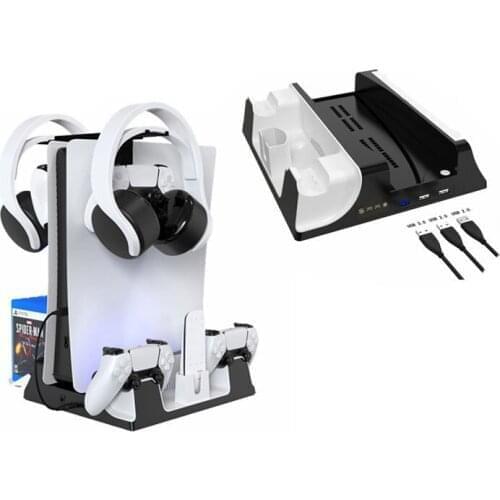 Game Host Cooling Base for PS5 Contact Type Two-Seater Charger with Earphone Remote Control Disc Storage