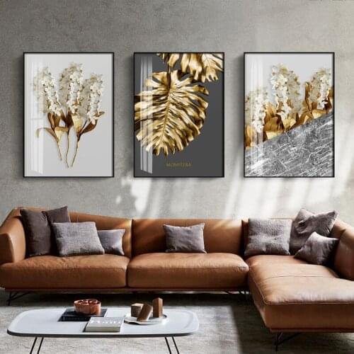 Nordic Luxury Gold Abstract Leaf Flower Decorative Canvas Painting For Living Room Wall Decoration Home Decor