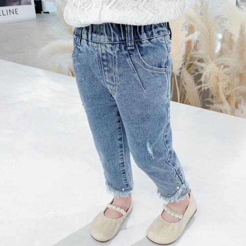 Girls Jeans Pearls Toddler Jeans Ripped Kids Jeans Girls Spring Autumn Kid Clothes Casual Style