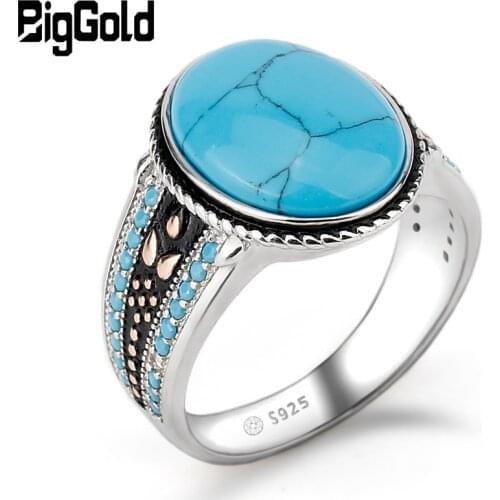 Men Ring with Turquoise Vintage 925 Sterling Silver Oval Sky Blue Stone Life Track Significance Male Women Ring Jewelry Gift