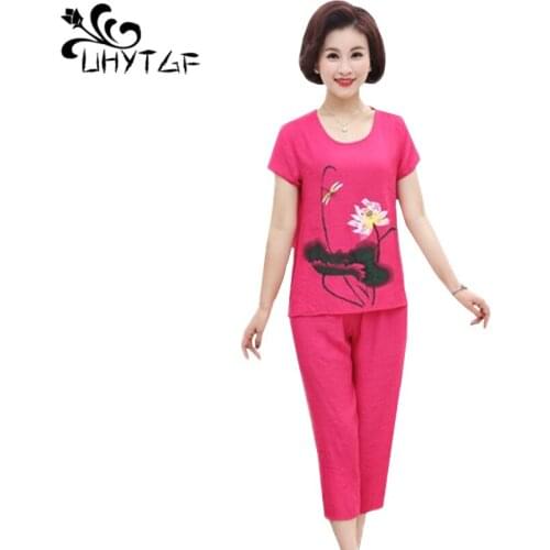 UHYTGF Casual summer pyjamas Ladies home suit Cotton and linen short-sleeved thin pajamas for women Two piece set Plus size 1294