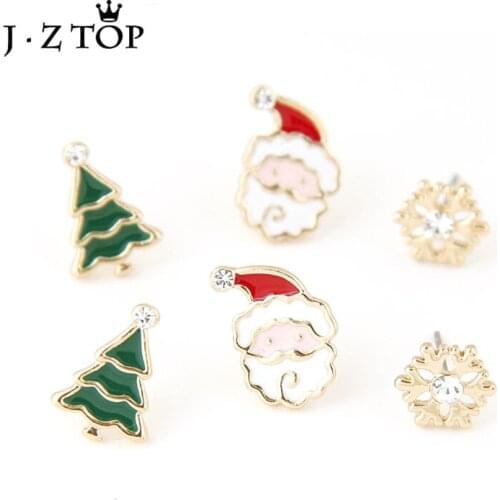 Cute Christmas Earrings Gift Enamel Christmas Tree Santa Claus Rhinestone Snowflake Stud Earrings Set Pendientes Mujer 6pcs/set