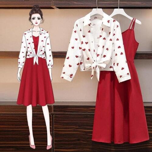 Fashion dress suit female plus size 2021 spring and summer new love printed shirt single-breasted suspender dress two-piece suit